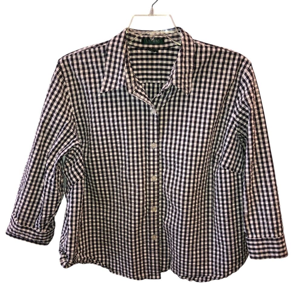Lauren Ralph Lauren Womens 2X Black Check 3/4 Sleeve Button Up Shirt Top